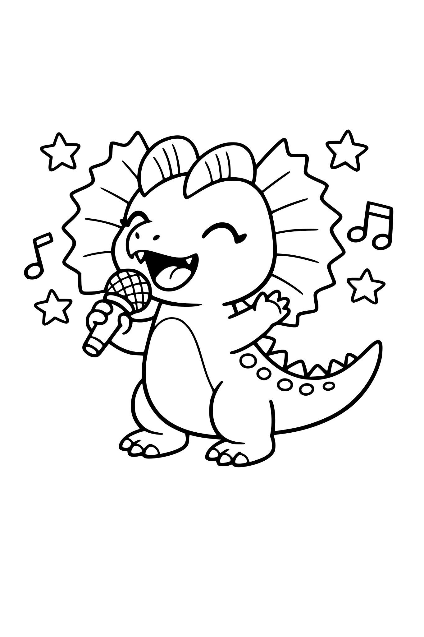 mały słodki, dinozaur - dilofozaur, trzyma mikrofon i śpiewa, obrazek dla małych dzieci, bez szczegółów