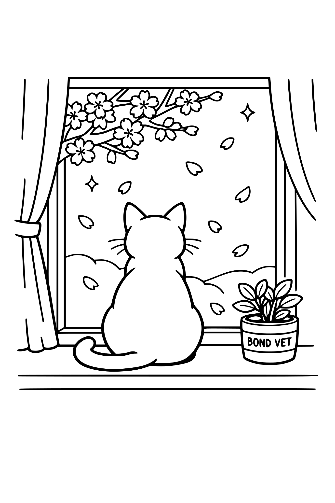 cat sitting in window watching cherry blossoms fall outside, cozy scene, simple line art, black and white coloring page, clean outlines, minimal shading, small plant labeled ‘Bond Vet