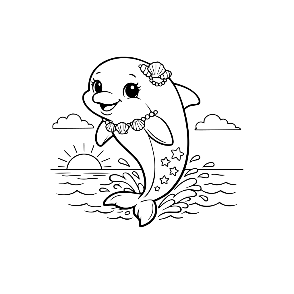 Delfine mit süßem gesciht springt aus dem glitzernden Meer im Hintergrund ist Sonnenuntergang zu sehen, er trägt Muschelschmuck und hat Sterne am Schweif. Das ist ein ausmalbild