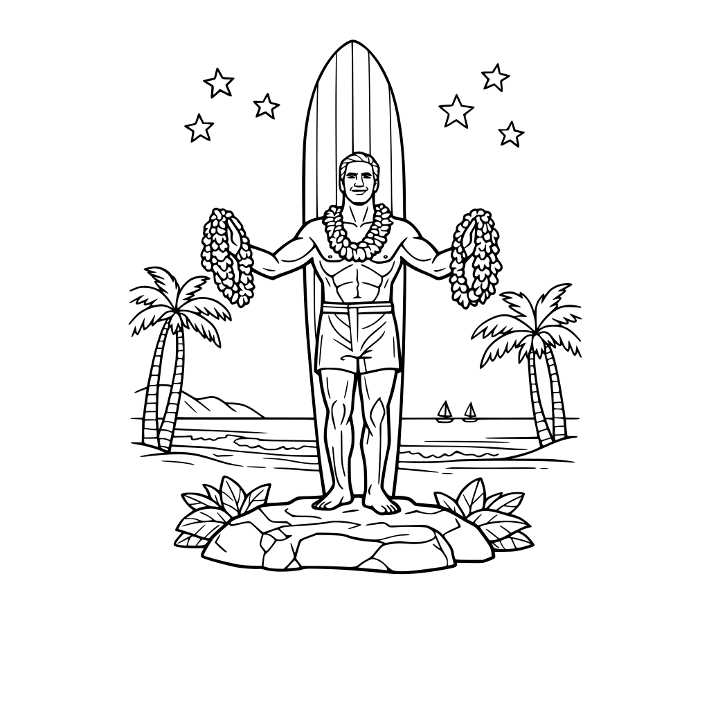 Duke Kahanamoku statue with beach in the background and no tiki torches