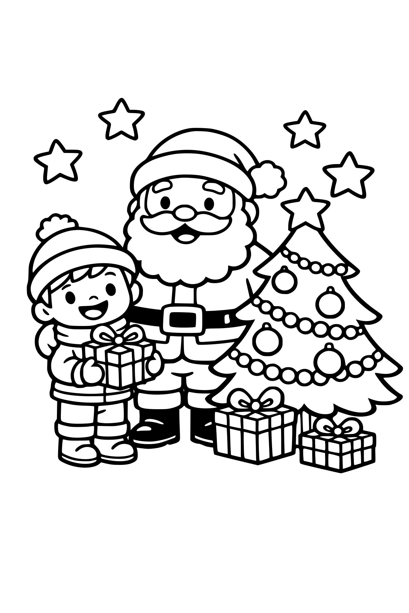 cute kids coloring page, happy child standing next to Santa holding a gift, Christmas tree and stars, simple shapes, thick outlines, kids coloring book page