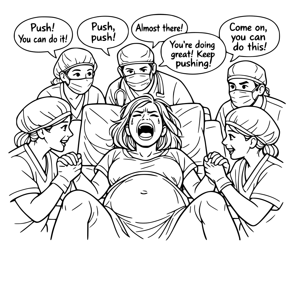 A pregnant woman screaming and crying to give birth in a hospital bed. Many doctors surround her and encourage her to push. Two nurses on either side of her hold her hand and reassure her