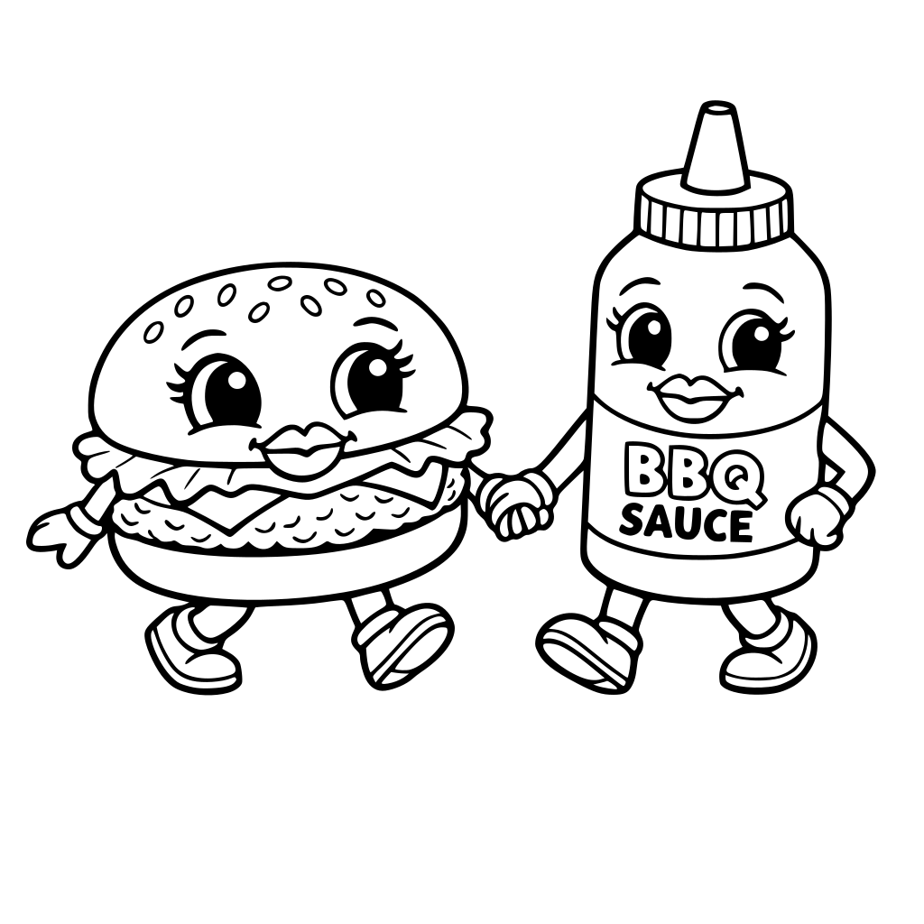 A CARTOON BURGER WHO IS WALKING ALONG HOLDING HANDS WITH A BBQ SAUCE BOTTLE, THEY SHOULD HAVE CUTE EYES AND LIPS