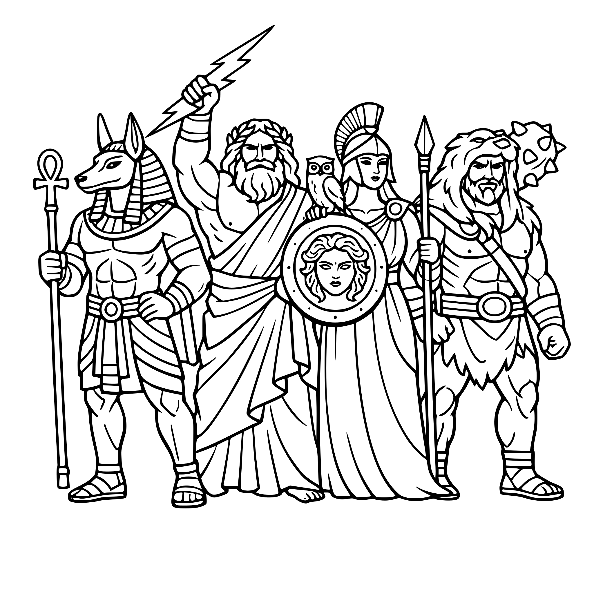 mitolojik kahramanlardan oluşan yetişkinler içn boyama kitabı