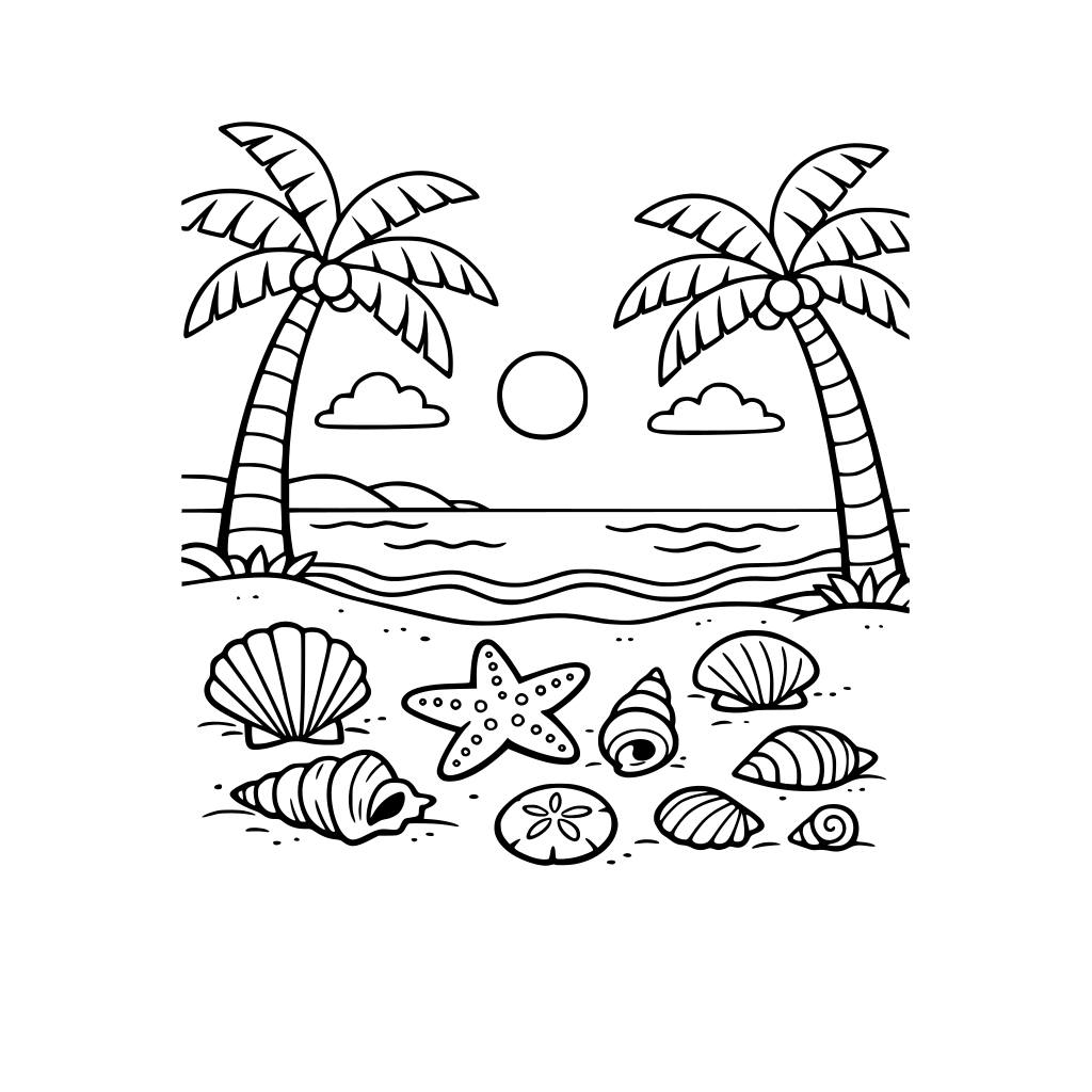 A beach with palm trees and seashells on the floor
