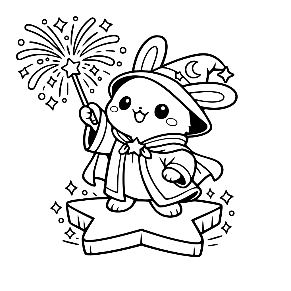 cartoon and kawaii-style bunny in a magic robe standing on star-shaped platform while cast firework with its wand — platform glowing, bunny proud.