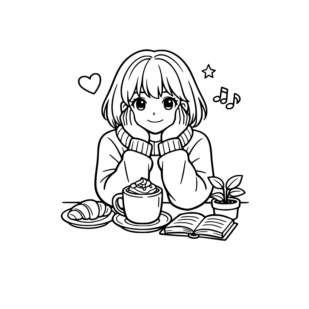 a cute person in a cozy cafe sitting with coffee on the table