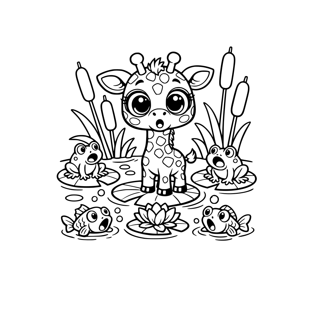 A funny tiny giraffe with big eyes in a bond simple. suprised fish and frogs around it.