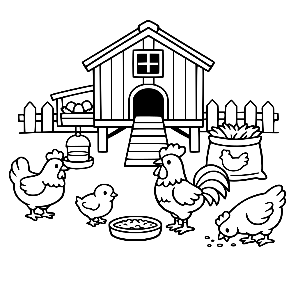 a chicken coop with 4 chickens for kids