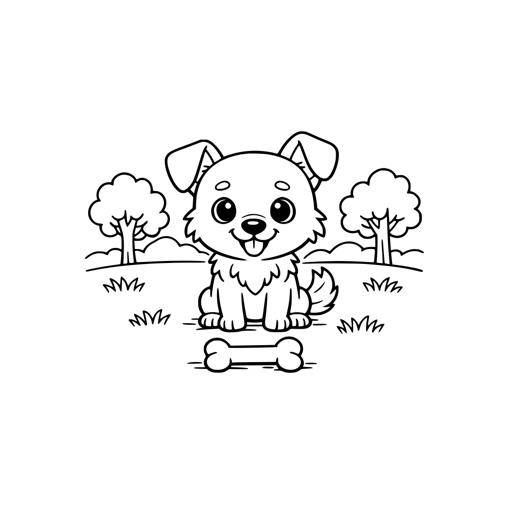 kleiner Hund, freundlich, Hintergrund Wiese mit Bäume, Vor dem Hund ein Knochen. Hochformat