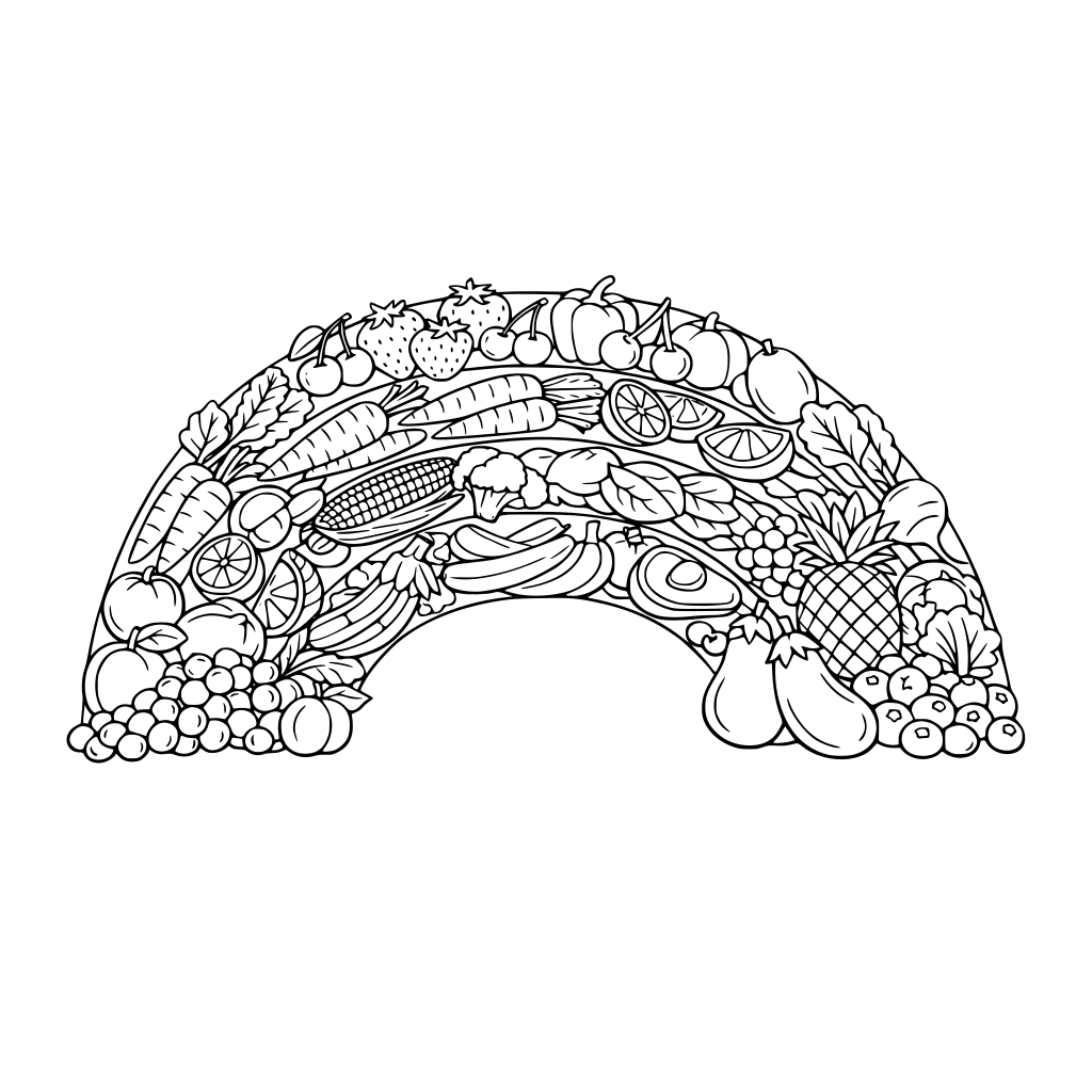 Color the rainbow in fruits and vegetables, have the fruits and vegetables look like a rainbow and in order of their colors.