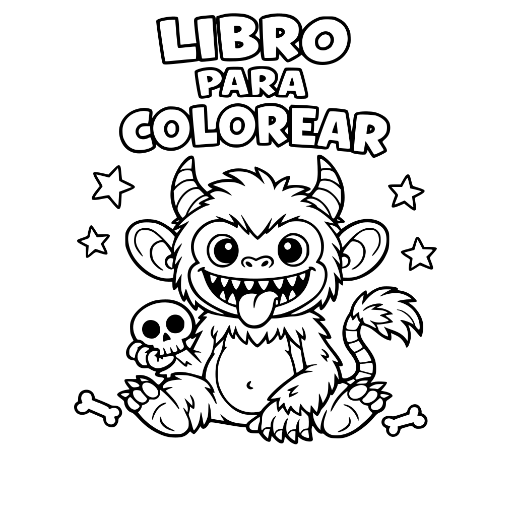 Quiero q me hagas una página donde haya un mounstruo mono y que encima de él ponga un título de libro para colorear