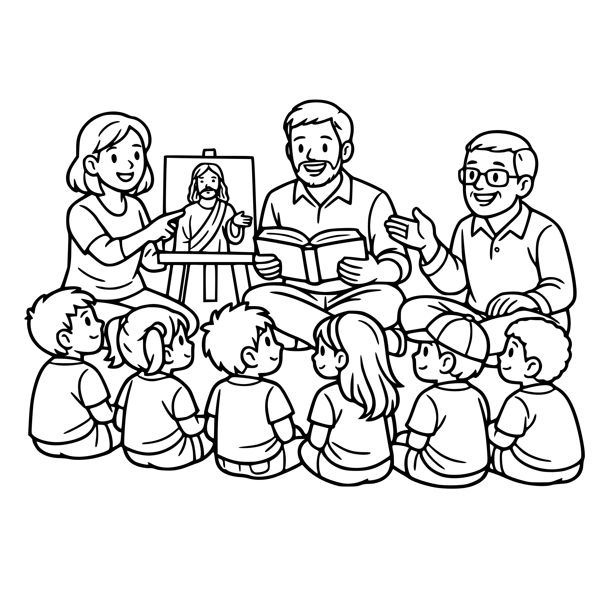 Create an image of a group of adults teaching children the Bible, have the children sitting on the floor looking interested while listening to the adults teaching