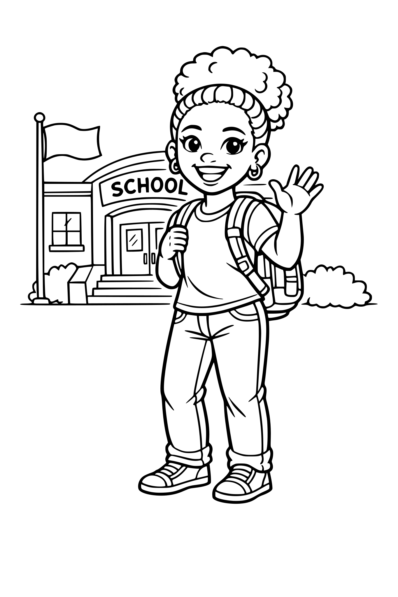 Lani standing outside a school building, smiling and waving, backpack on, confident and friendly posture, welcoming energy.