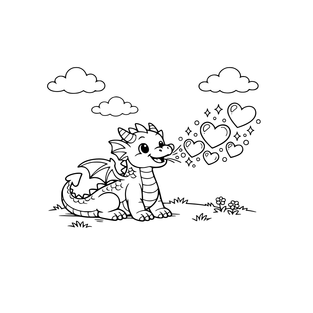 A friendly dragon breathing sparkly heart bubbles outside on the grassy lawn. Clouds in the sky.