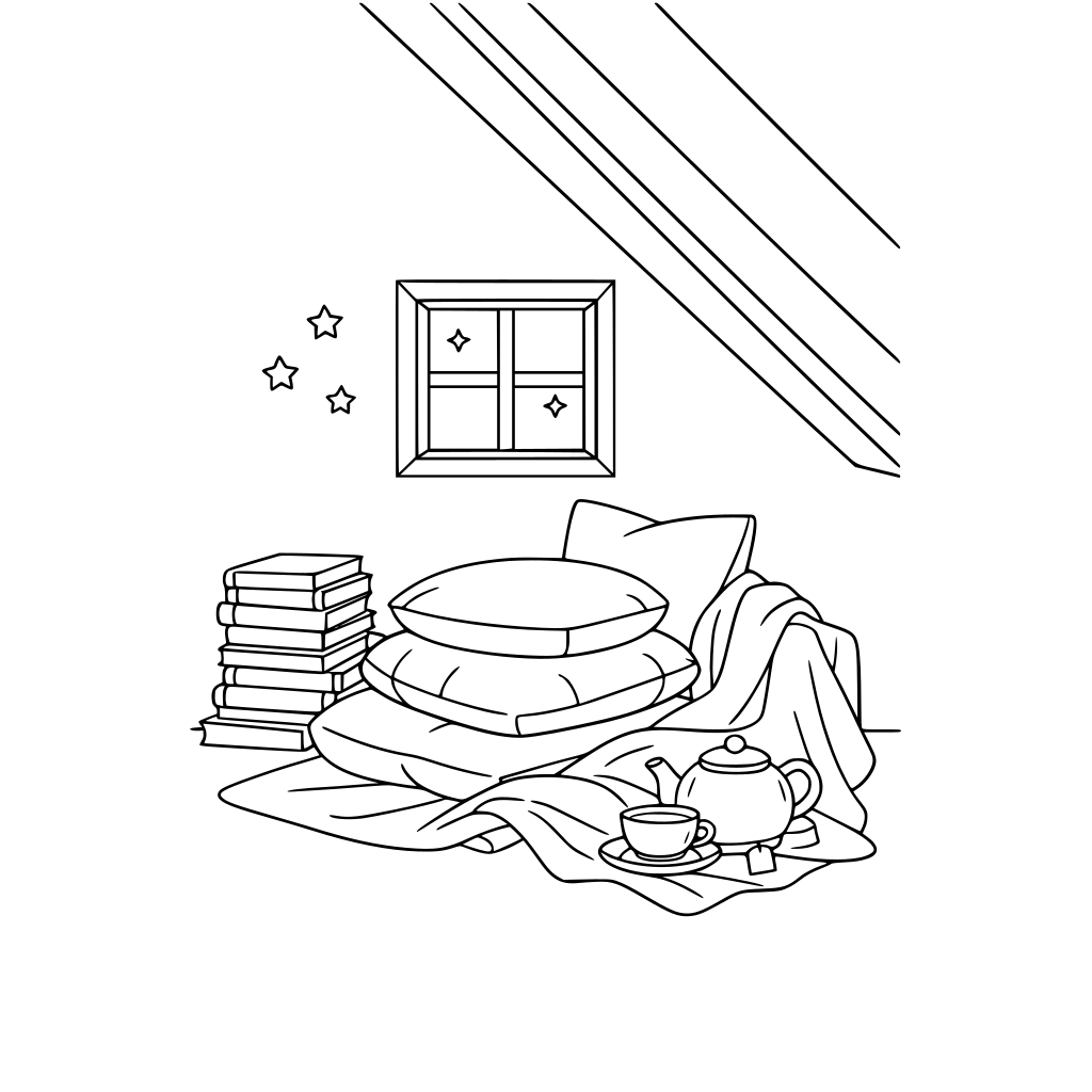 Attic space with slanted ceiling and small window. Floor cushions and stacked books. Soft blanket and tea nearby. Quiet hidden retreat mood, warm and aesthetic.