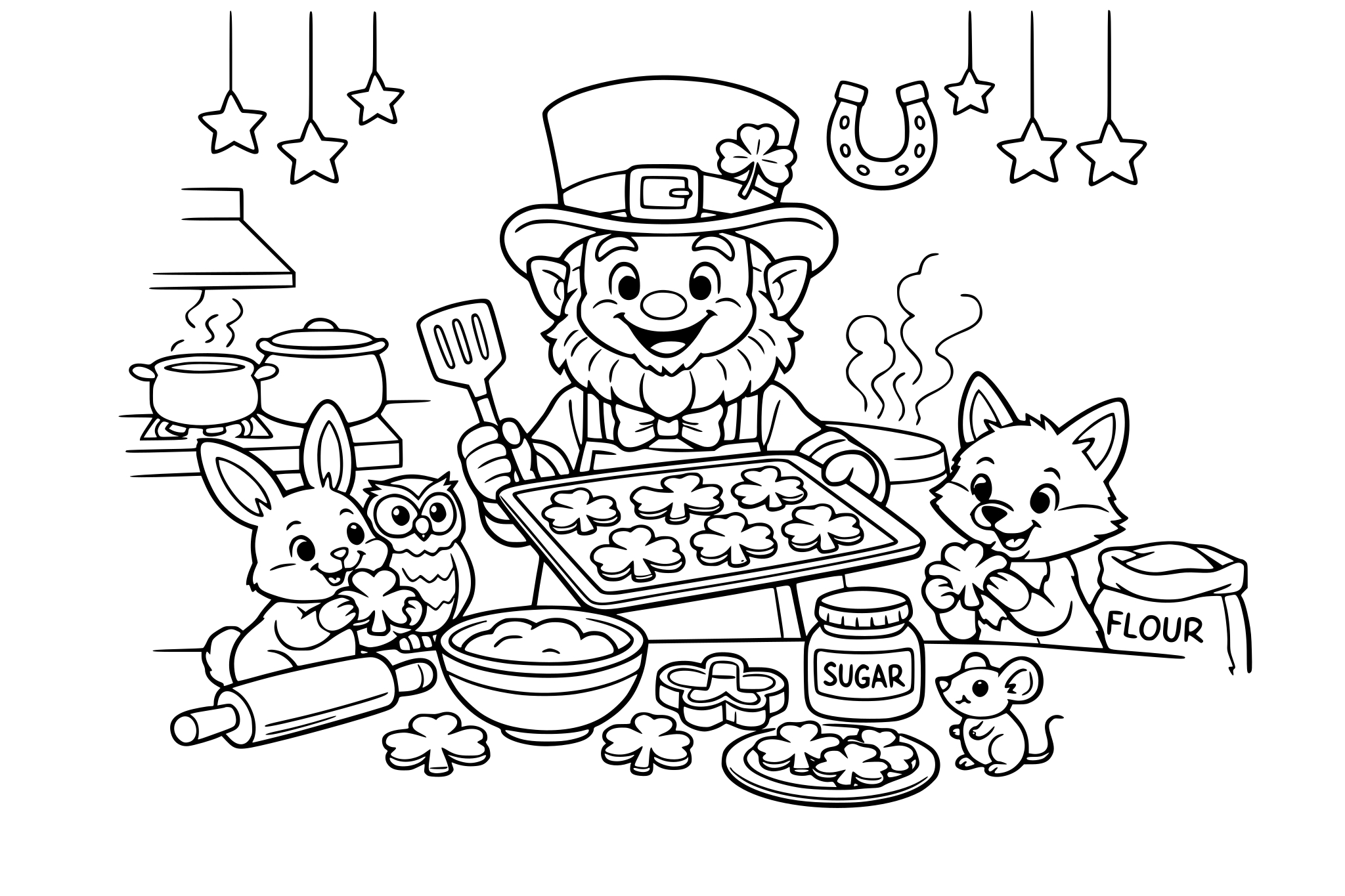 Leprechaun baking shamrock cookies for his woodland friends