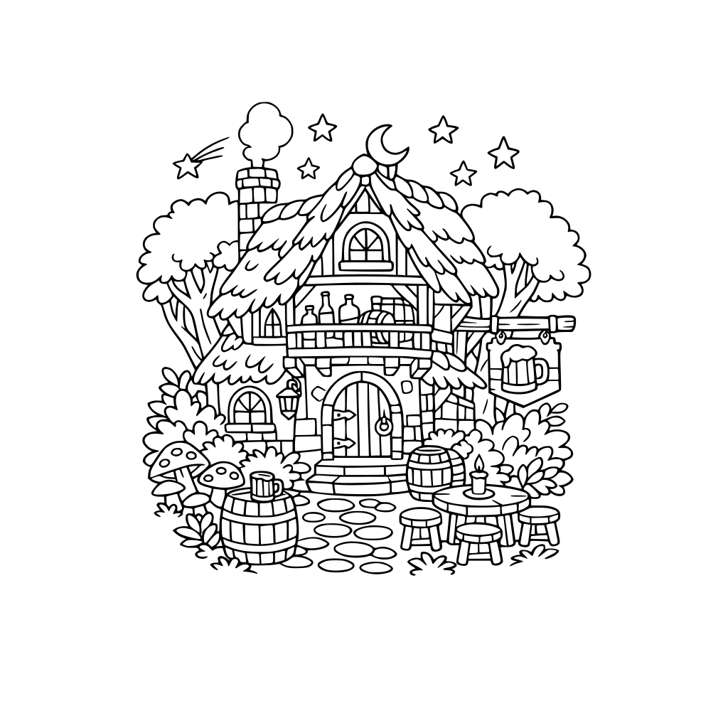 Magiczna tawerna w lesie, cozy, bez żadnych istot, tylko budynek i roślinność