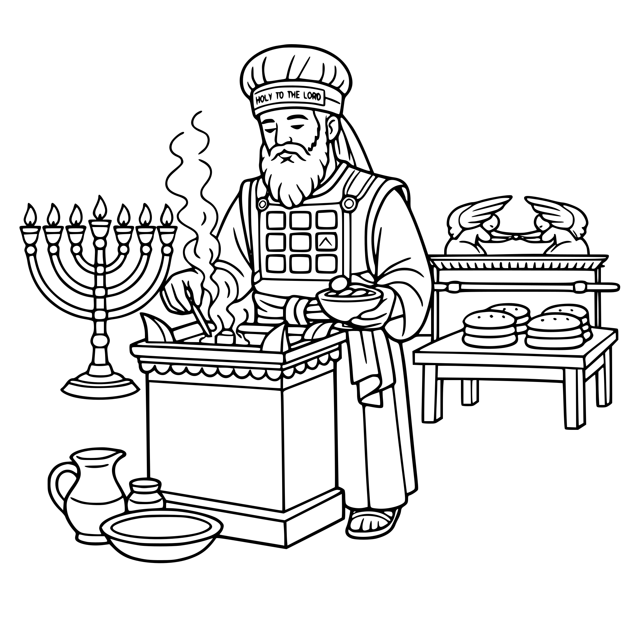 create a scene with Aaron the high priest serving in the tabernacle