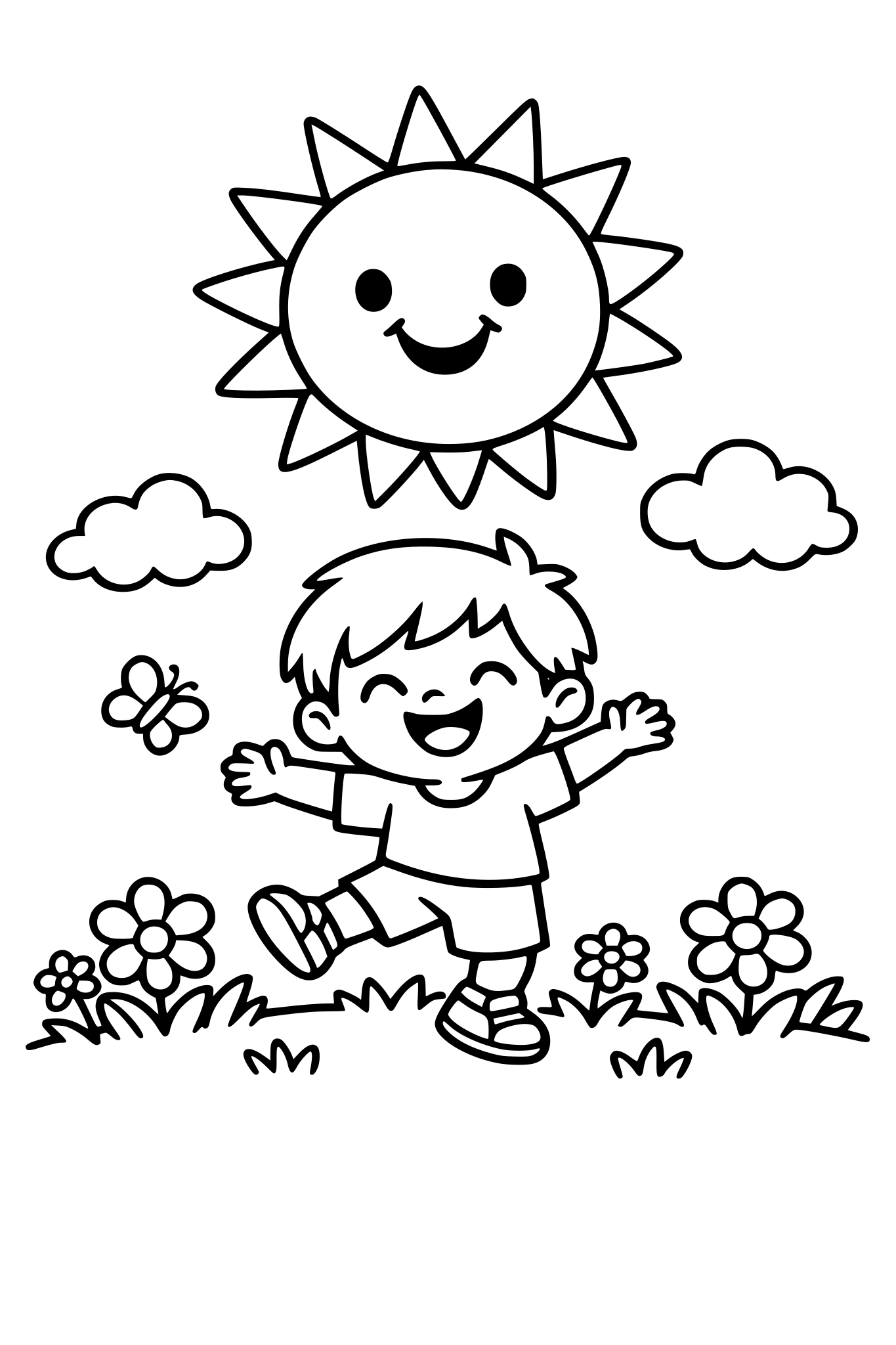 cute kids coloring page, happy child playing outside under a big smiling sun, flowers and grass around, simple shapes, thick bold outlines, easy coloring, kids coloring book style, black and white line art, white background