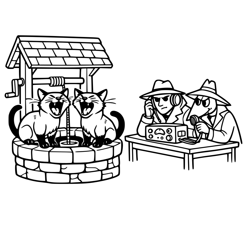 Two Siamese cats screaming at the well. two spies sitting on a desk beside them listening to device.