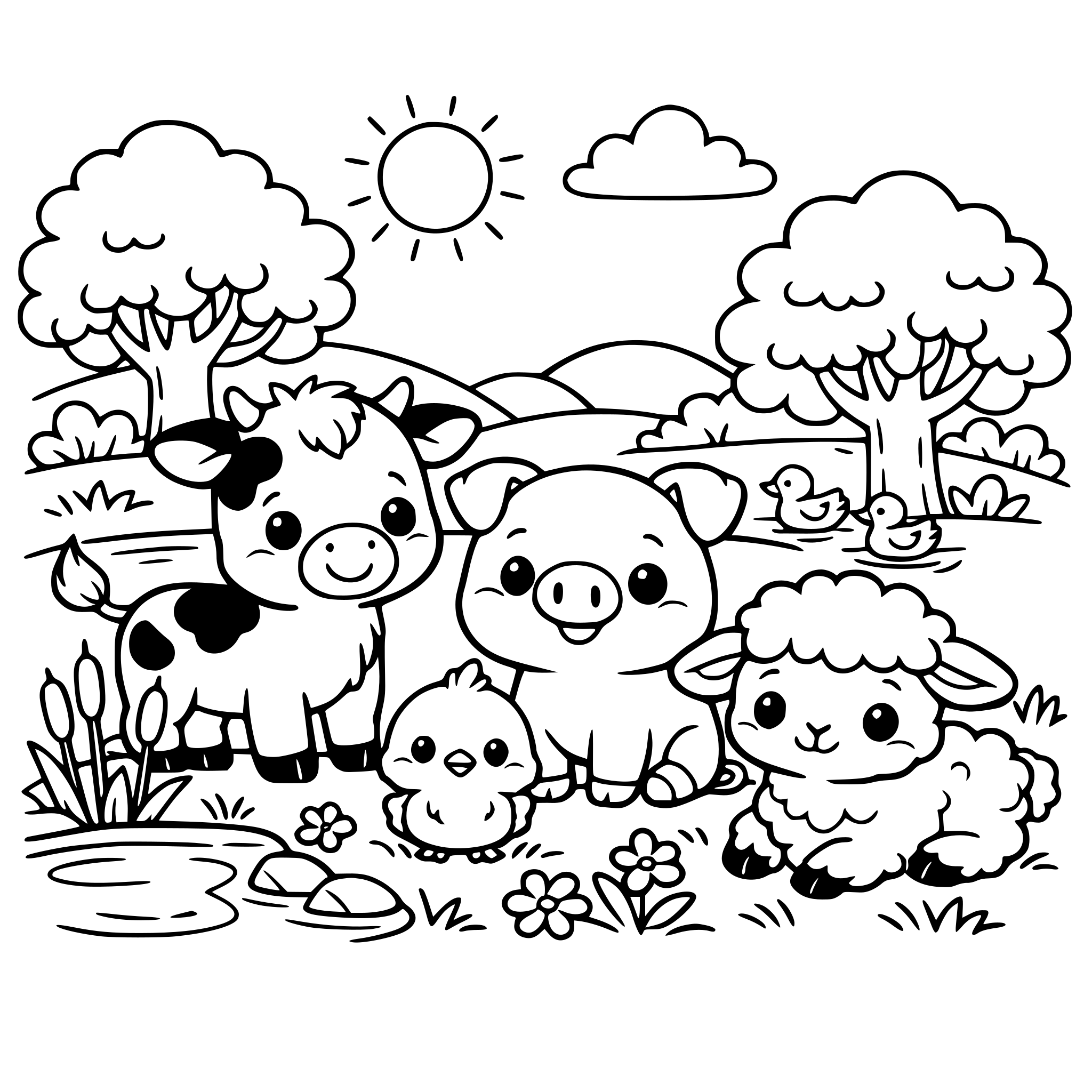 Crea animalitos de granja con estilo tierno y agradables. Rodeados de naturaleza, árboles,plantas y lagos