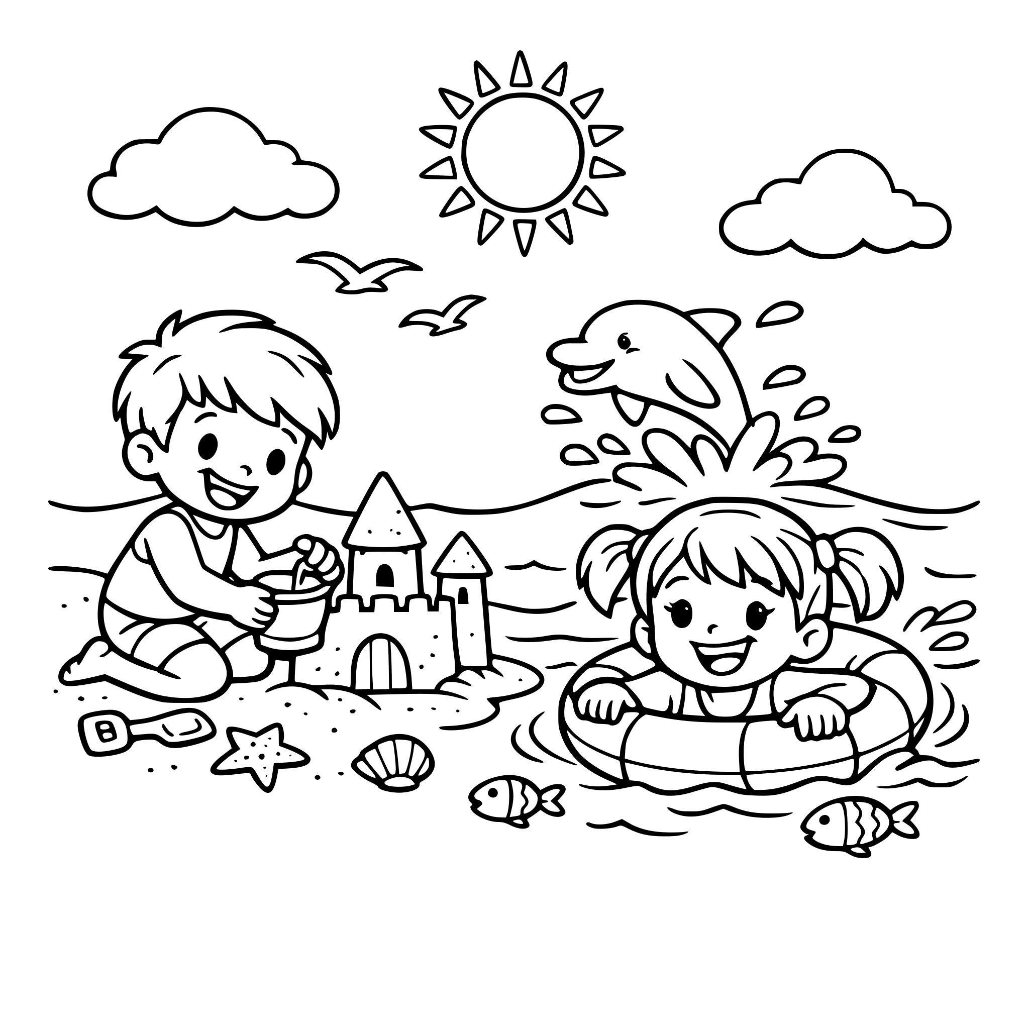 Niño y niña jugando y nadando en la playa