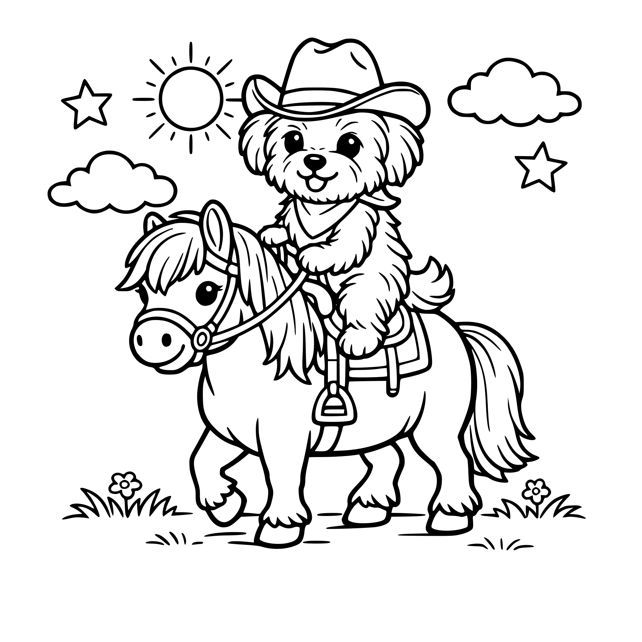 Schattige maltezer-hond met een cowboy hoed op zijn hoofd rijdt op een shetlandpony door een weiland