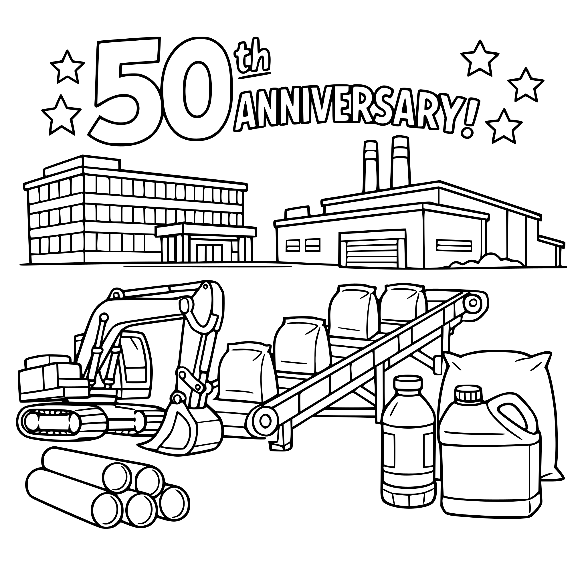 a coloring book for our 50th anniversary with pictures of our buildings machines and products