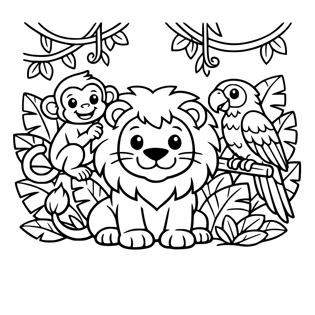 a lion, monkey, and parrot together in a jungle with big leaves and vines.