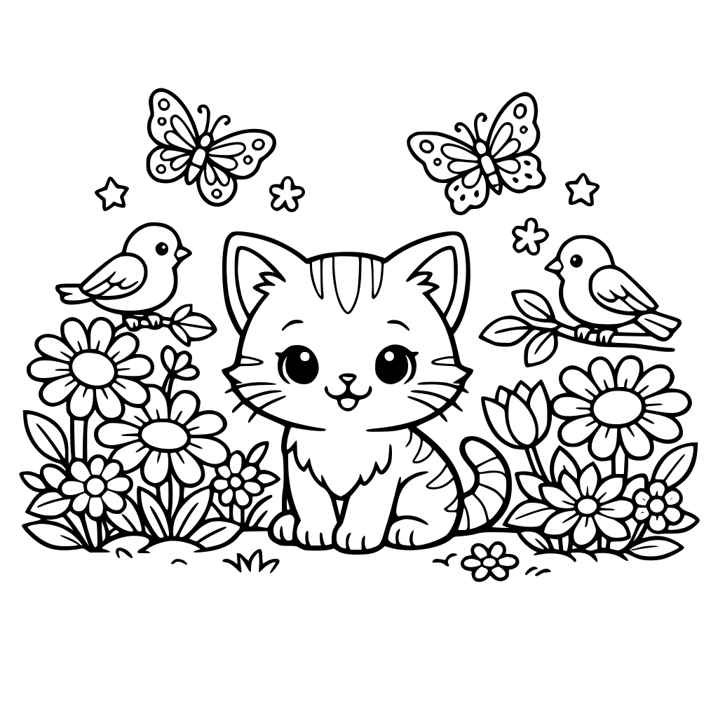taman bunga dengan burung, kupu-kupu, dan kucing kecil yang imut
