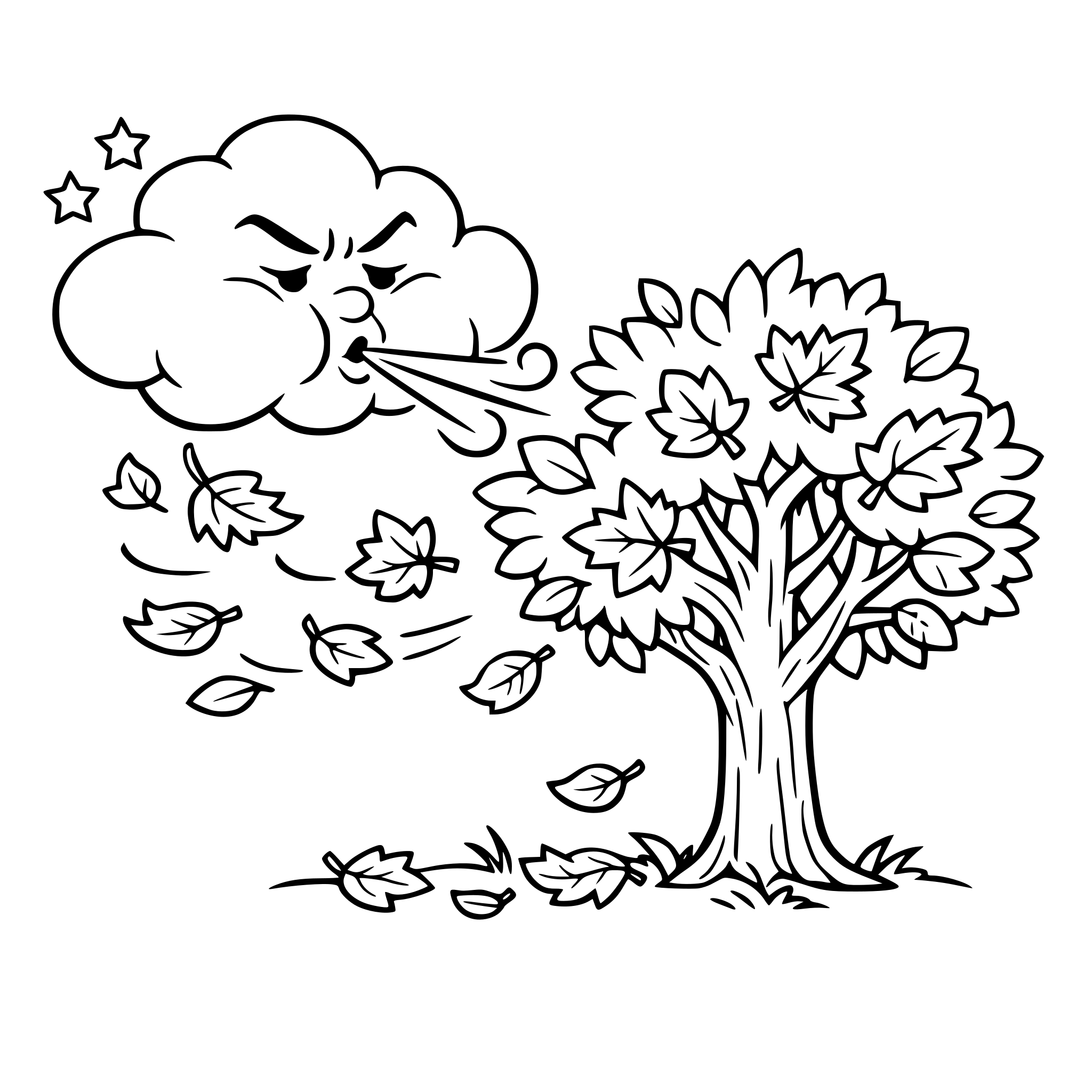 una nube con cara soplando las hojas de un árbol en otoño