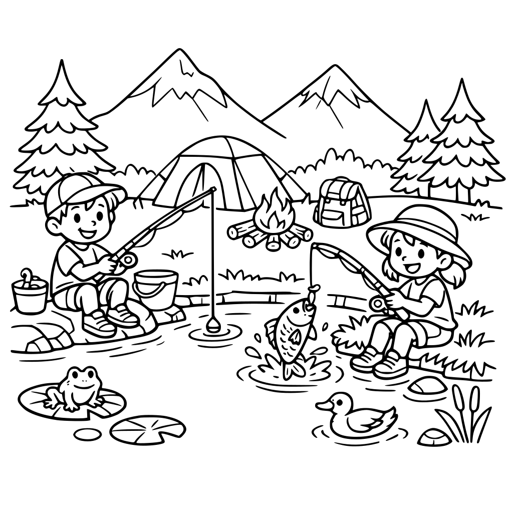 kids fishing at the pond while camping in the mountains