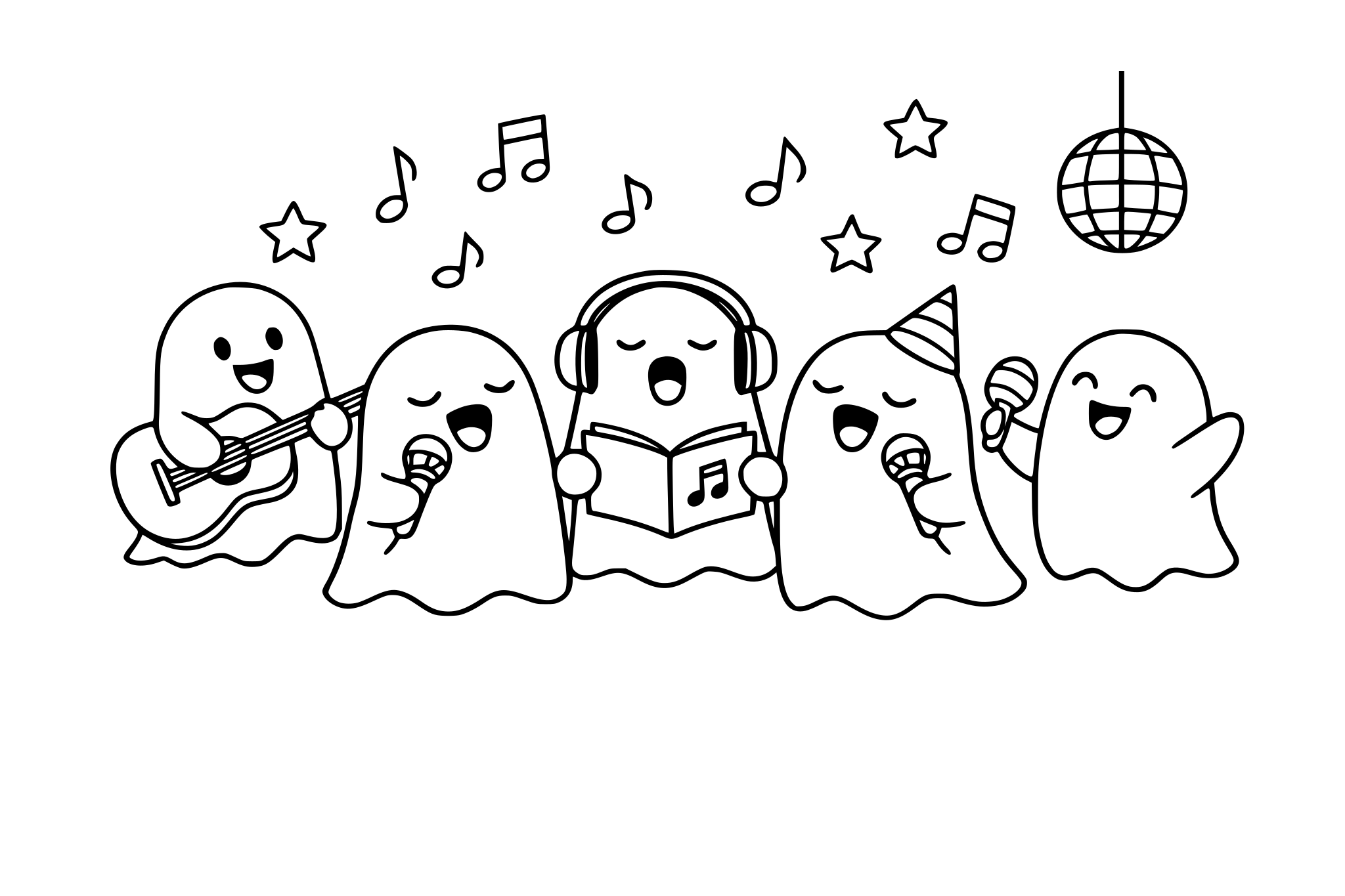 Ghosts are having a singing party. minimalist line.