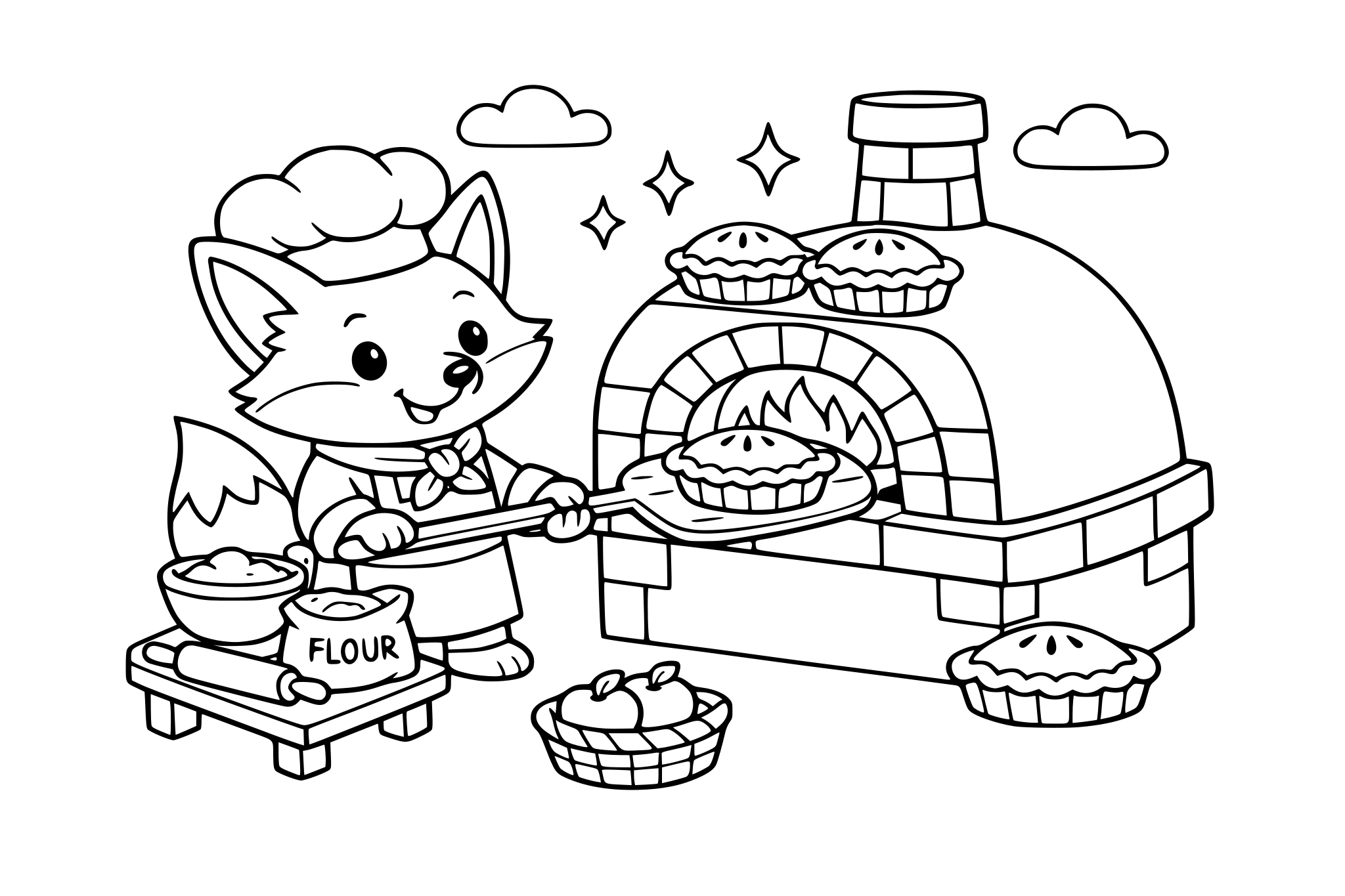 Fox chef baking pies in an outdoor oven. Keep rounded shapes + minimal line weight variation.