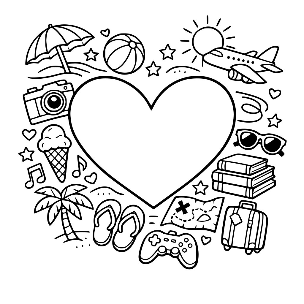 un coracon en el centro con varios objetos