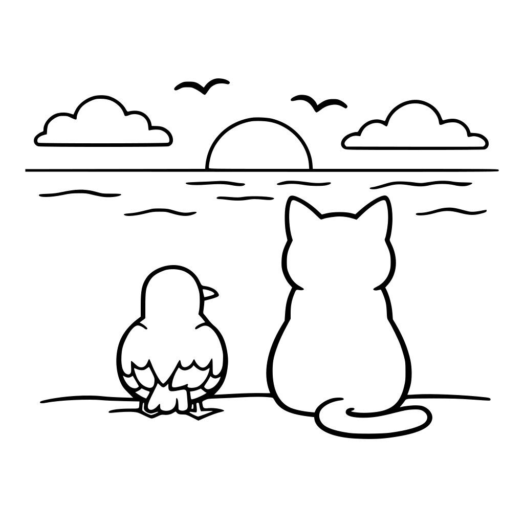 vorrei un disegno di una gabbianella e di un gatto che guardano il mare all'orizzonte. entrambi gli animali devono essere di schiena