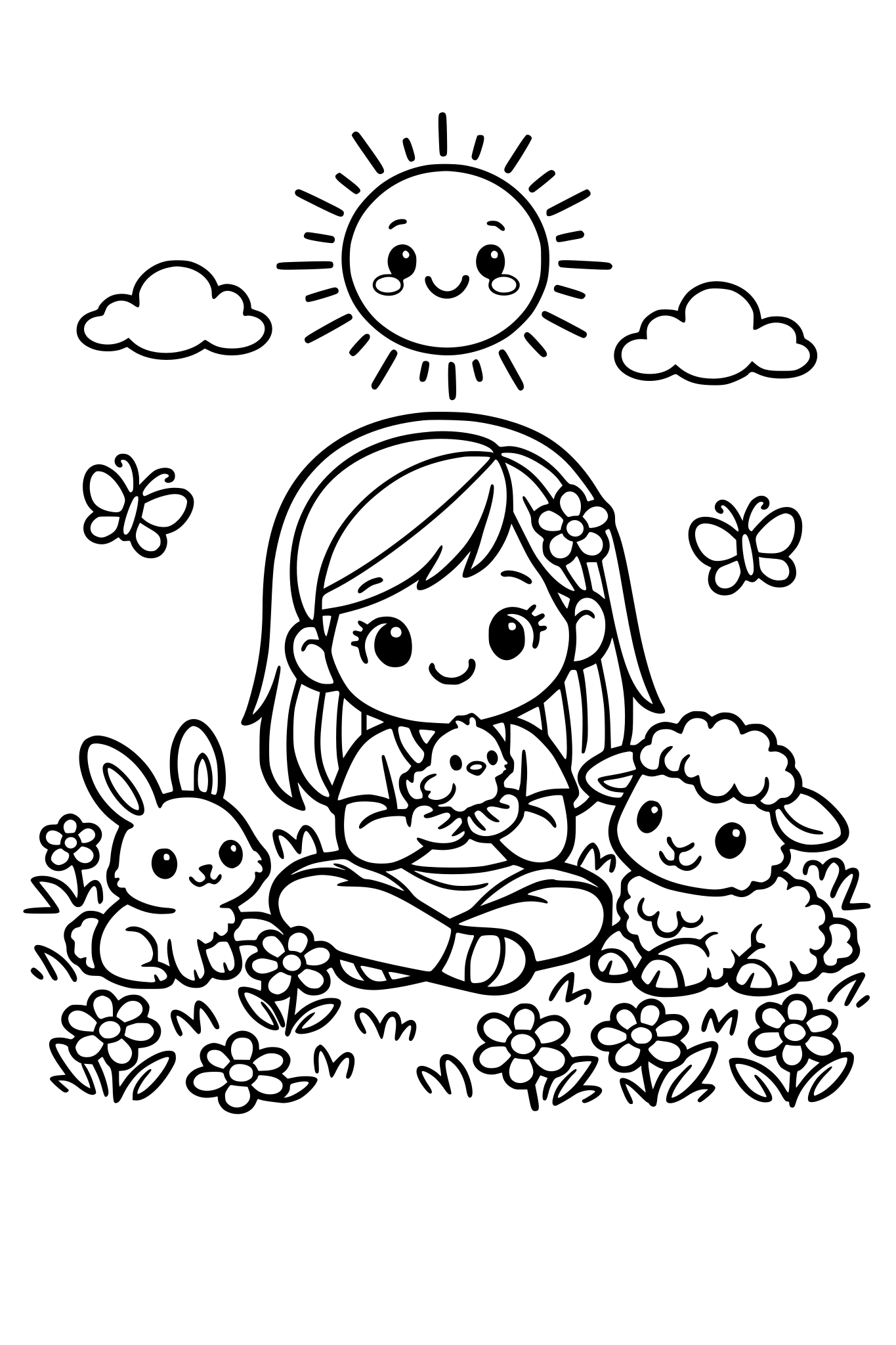 cute kids coloring page, cute girl sitting in a spring meadow with baby animals, small bunny, lamb and chick around her, flowers and butterflies in the grass, smiling sun above, simple shapes, thick outlines, kids coloring book line art