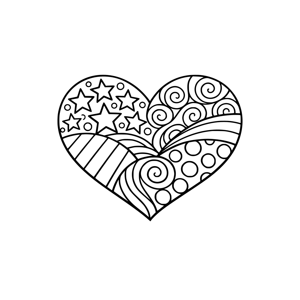 A heart filled with patterns: stars, stripes, dots, and swirls
