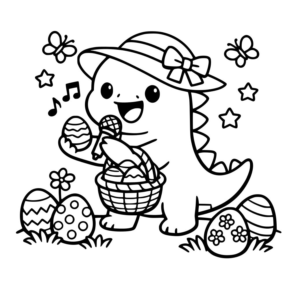 a cute dinosaur with a sunhat performing in an Easter egg hunt