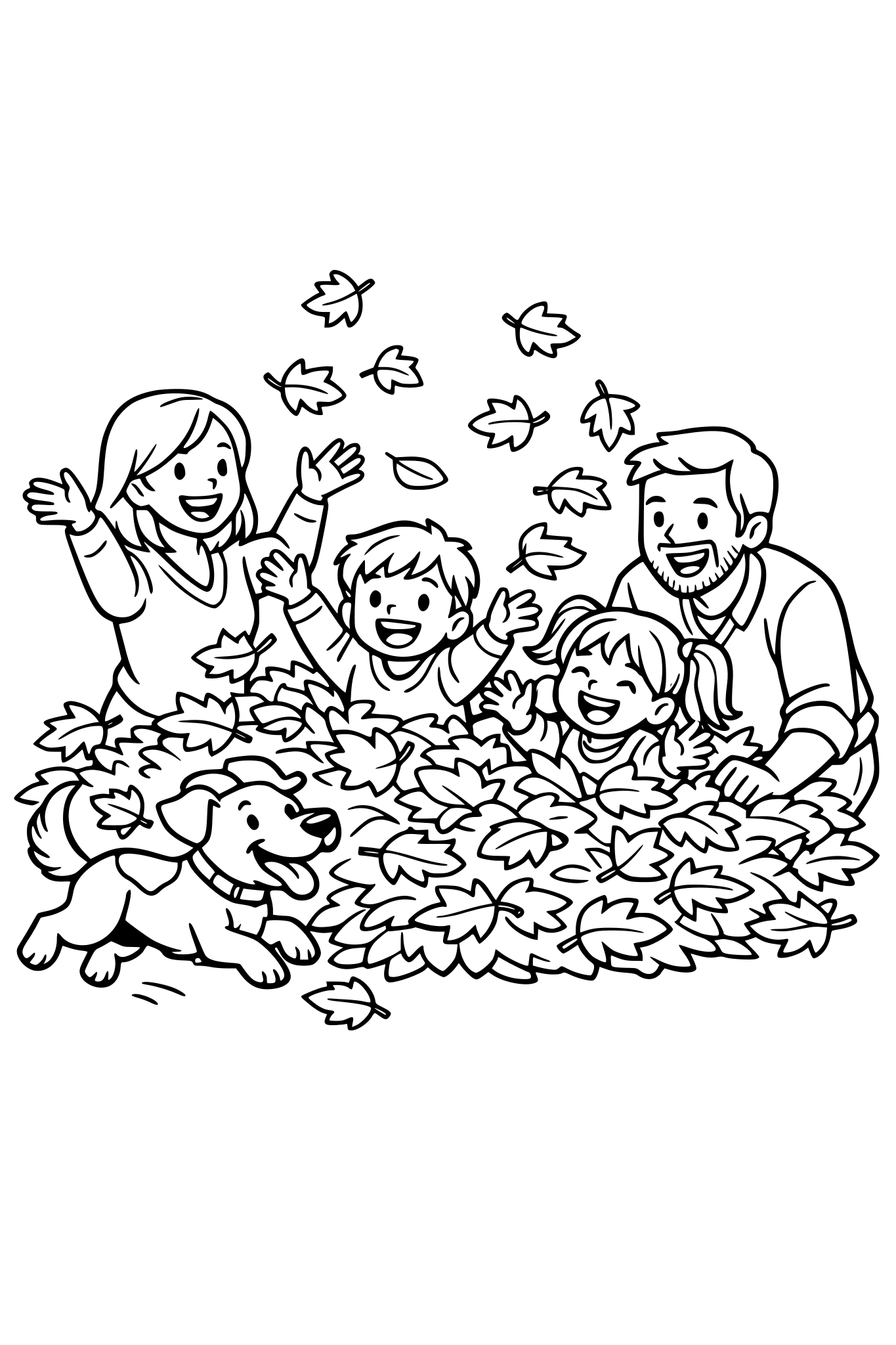 a family, mom, dad, boy and girl playing in a pile of fall leaves, a playful dog is running around happily
