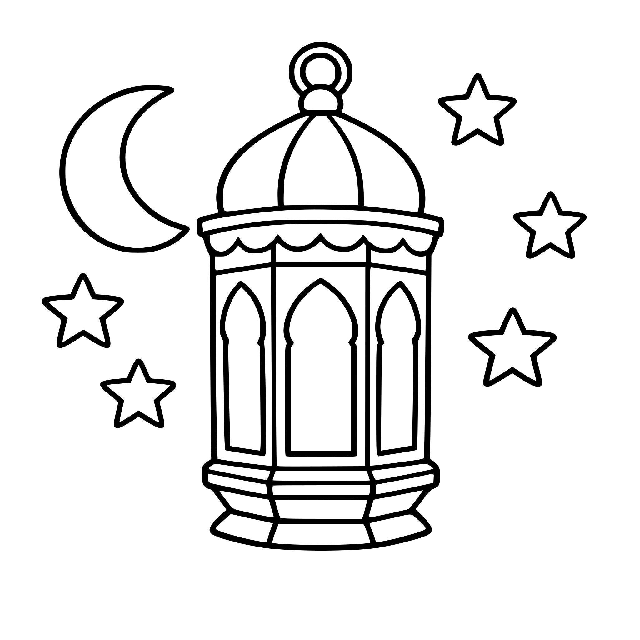 Ramadan lantern coloring page for kids, big decorative lantern, stars and crescent moon, very simple shapes, bold outline, no shading, black and white