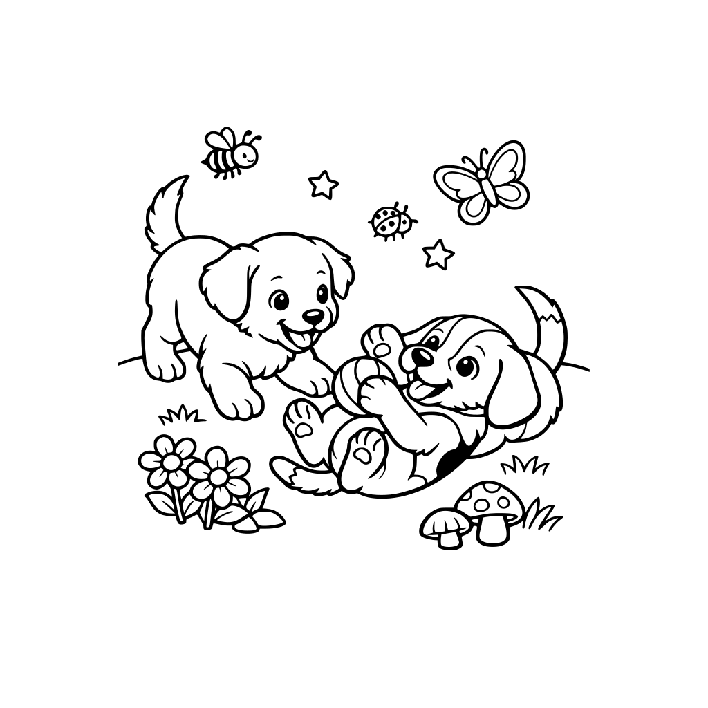 Two puppies playing in the garden