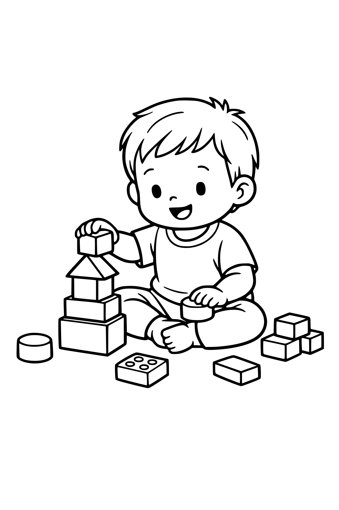 Toddler playing with blocks on the floor, simple line art