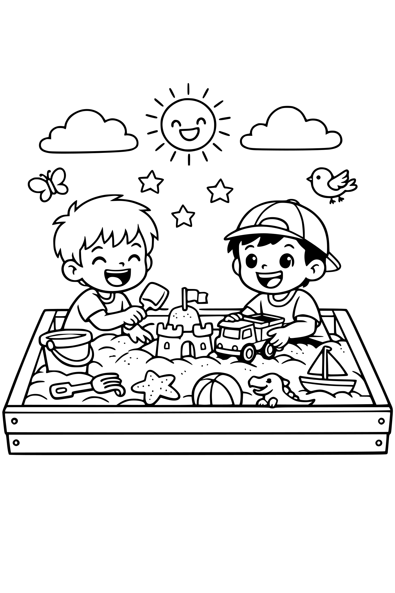 CREATE A SANDBOX FULL OF TOYS AND TWO LITTLE BOYS PLAYING IN IT. THE SANDBOX SHOULD BE IN THE PARK. PICTURE SHOULD EXPRESS JOY. IT SHOULD BE IN A CARTOON STYLE, SIMPLE.
