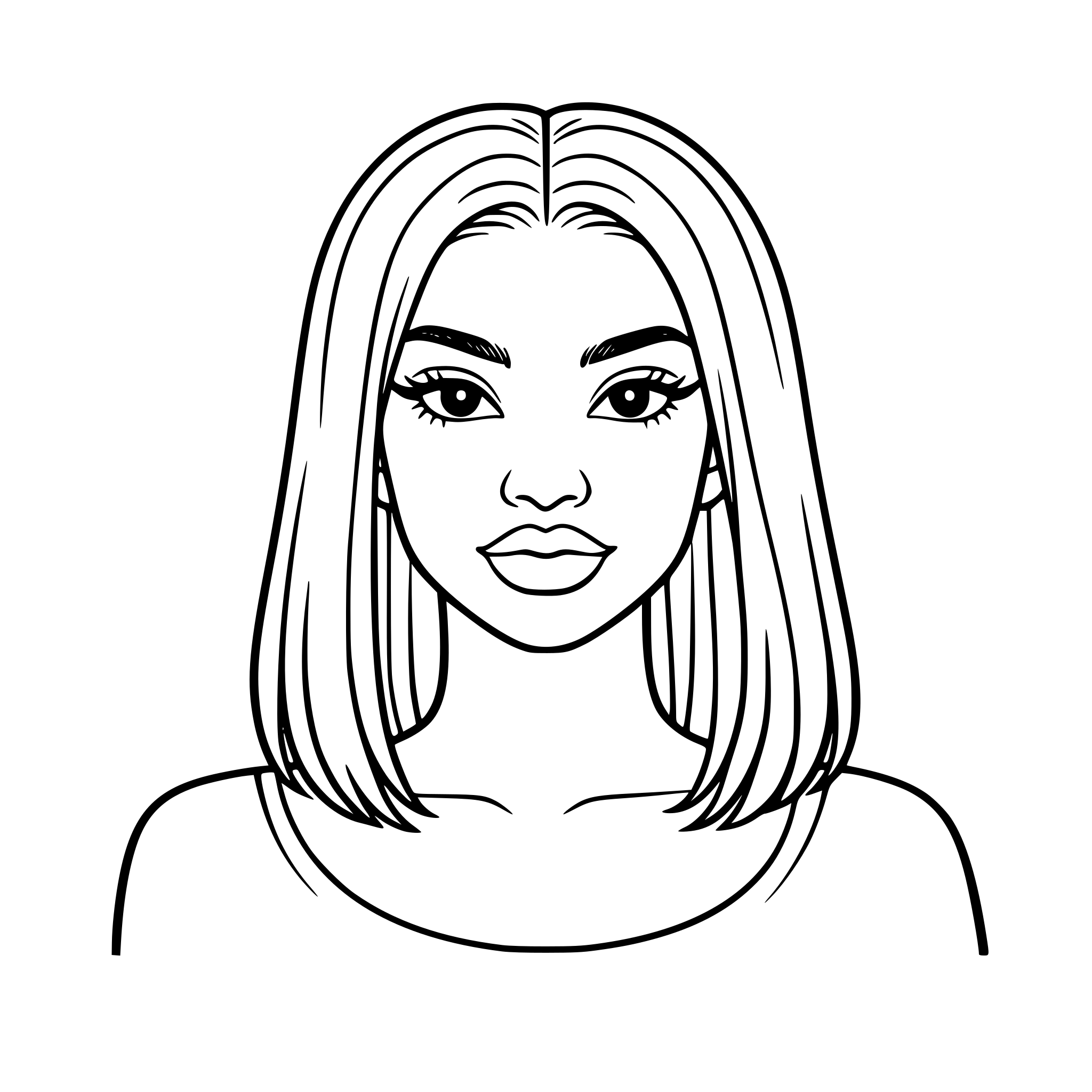 Brown black girl with almond shape eyes, high arch eyebrows - begin with a soft, natural density then arch positioned toward the outer third of the eye, the tail taper off into a clean, sharp point, middle part long hair to the shoulders and full lips