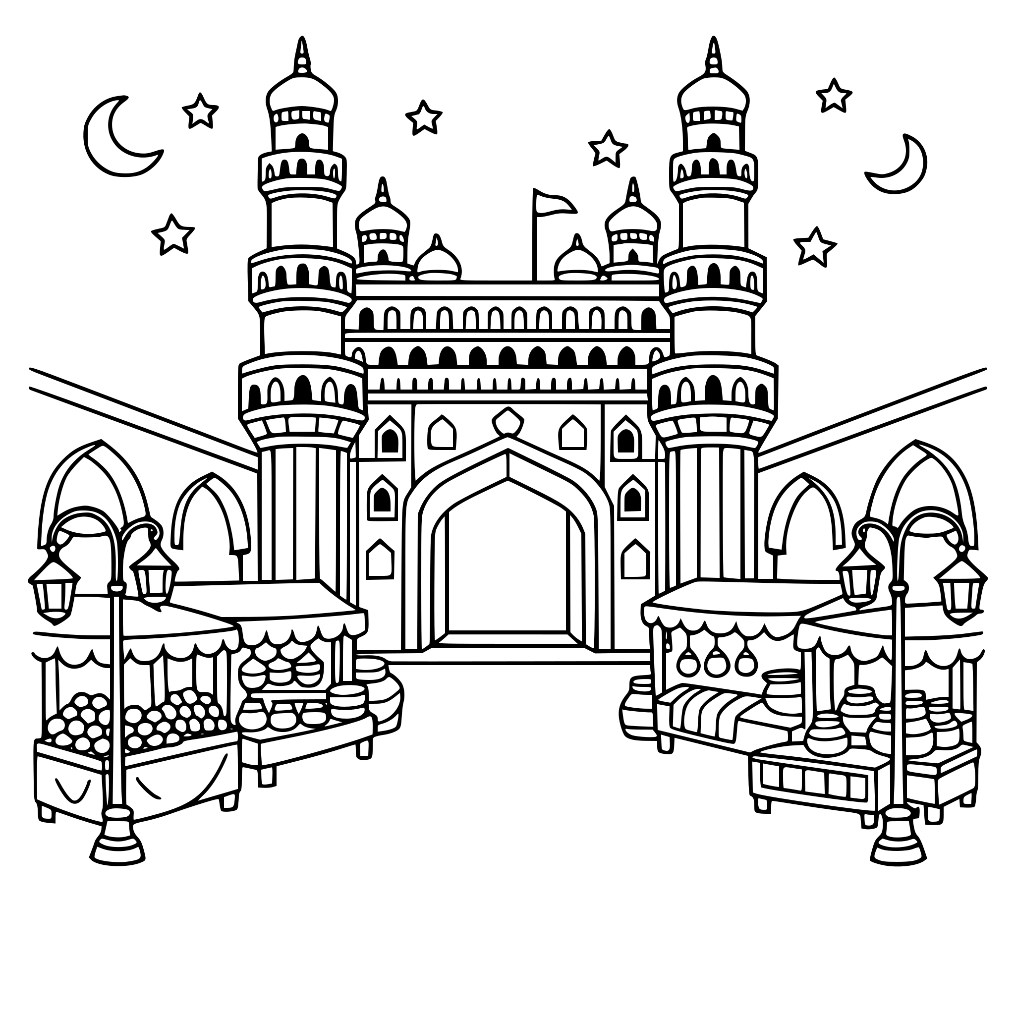 Cute cozy simple Telangana Charminar style courtyard with arches, street lamps, and market stalls.