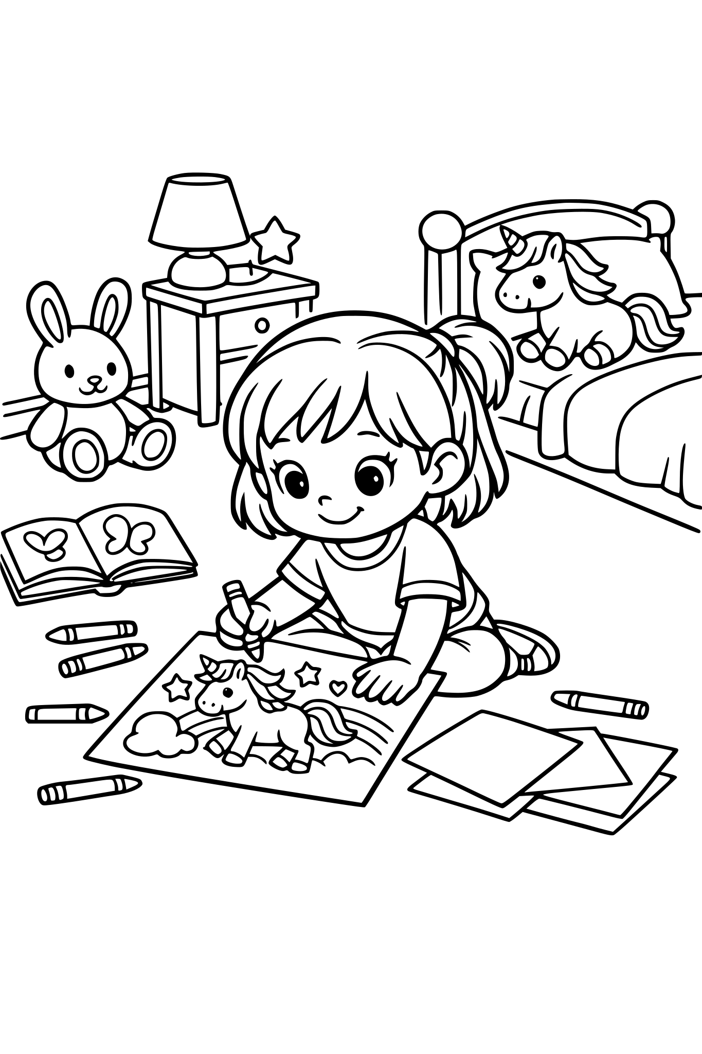little girl Lina drawing a unicorn in her bedroom, crayons and papers on the floor, cozy kids room, children’s coloring book page, black and white line art, thick outlines, no shading, simple background