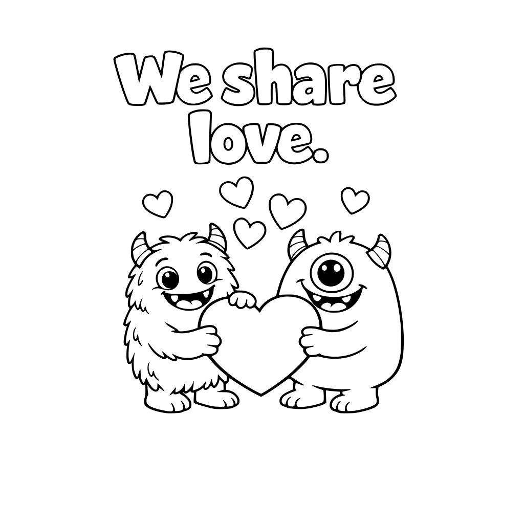 Two friendly monsters holding one big heart together. Big text: "We share love." Hearts floating between them. Please make bubble letters so that students can color in.