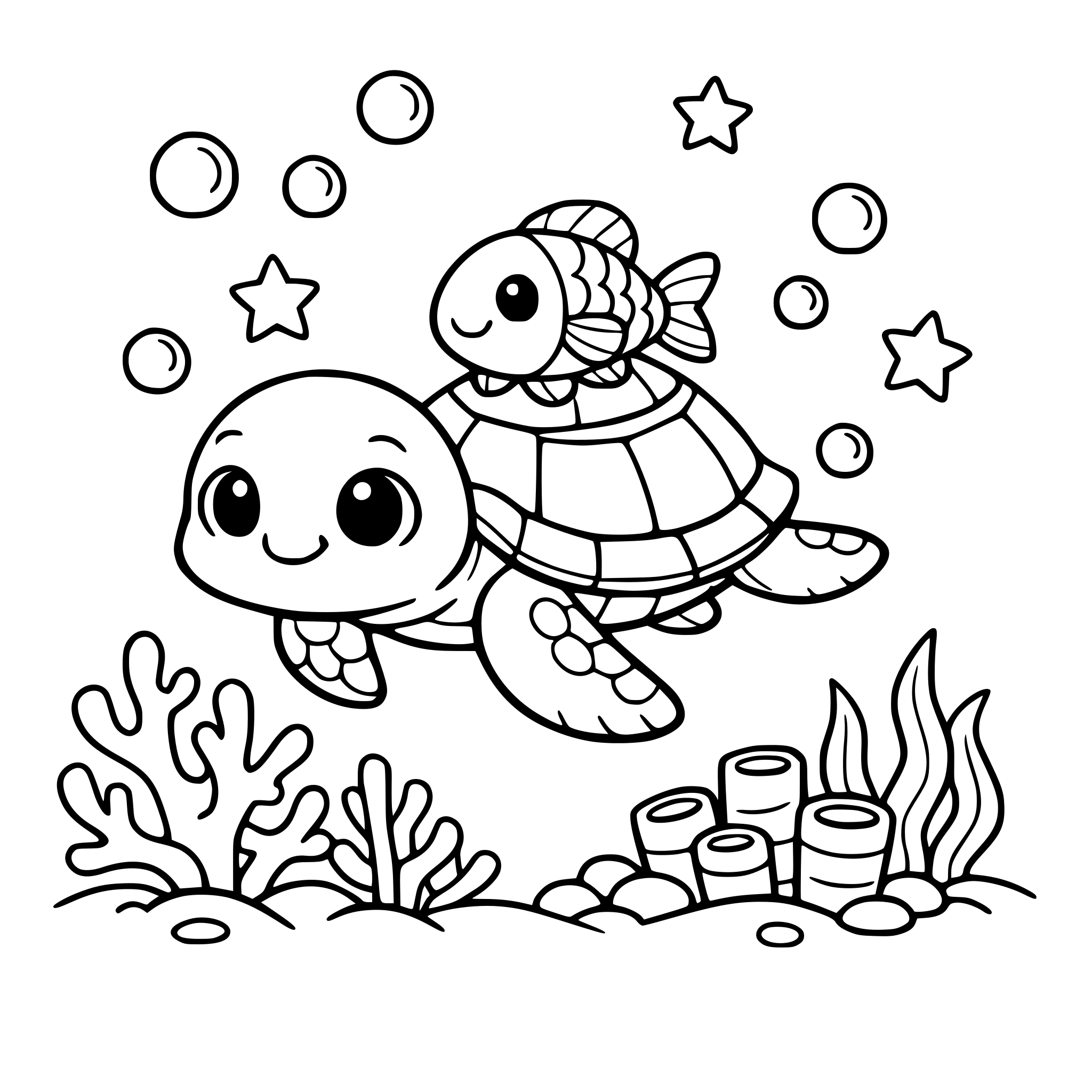 A baby turtle carrying a tiny fish on its back with background of bubbles and corals